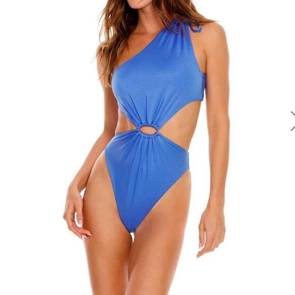NEW Agua Bendida Bloom One Piece Swimsuit Blue One-Shoulder Cutout azure blue M - Picture 1 of 7